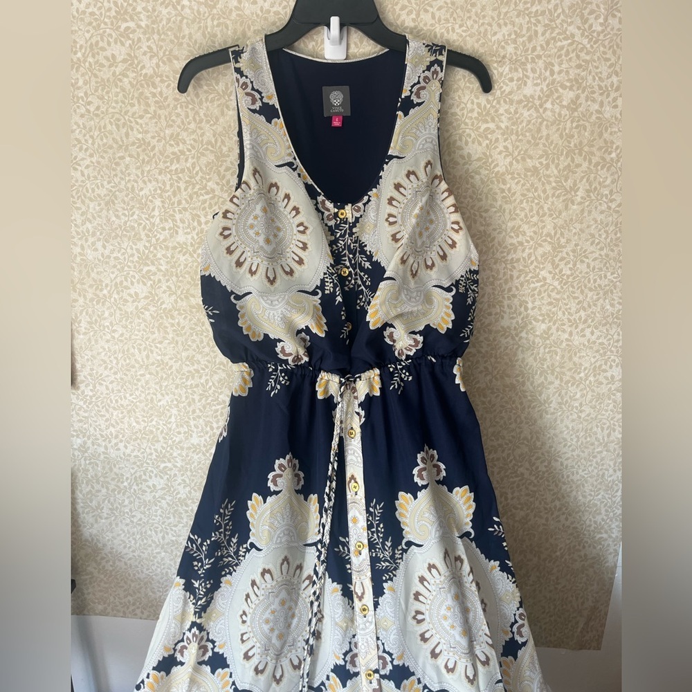 Vince Camuto Navy Blue Maxi Dress with Cream & Yellow Medallion Print